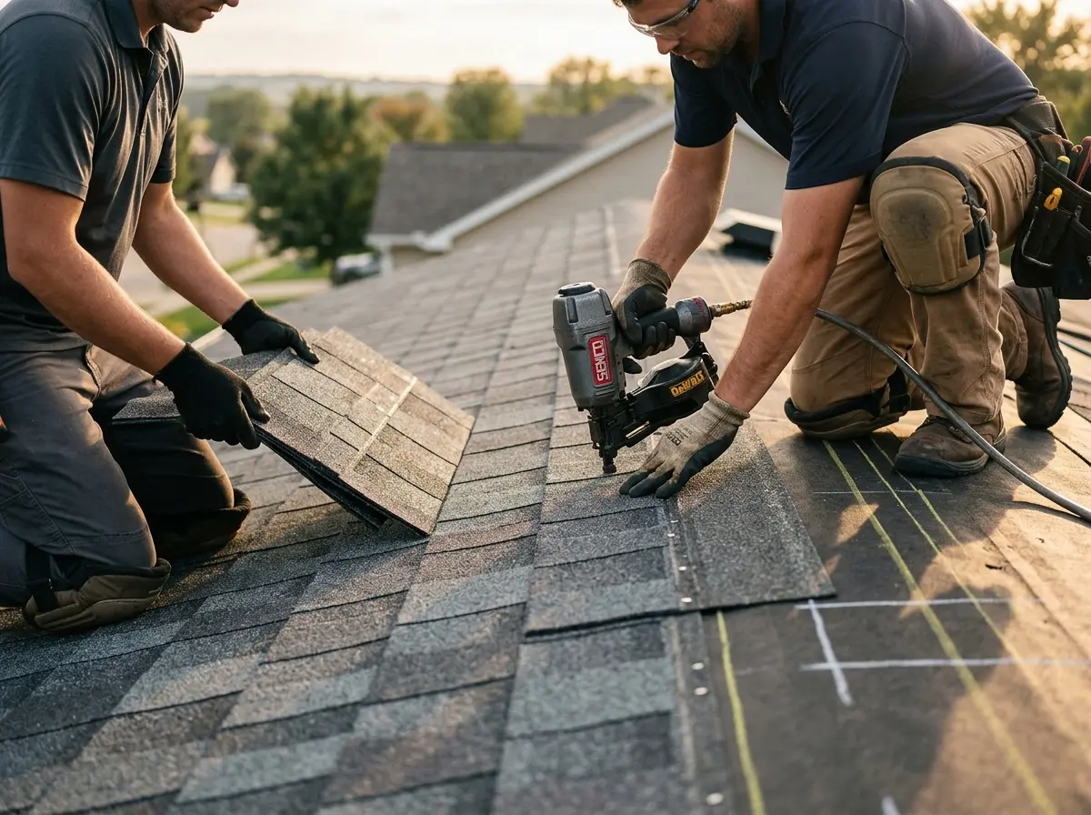 Professional roofer working on a residential roof in Easley